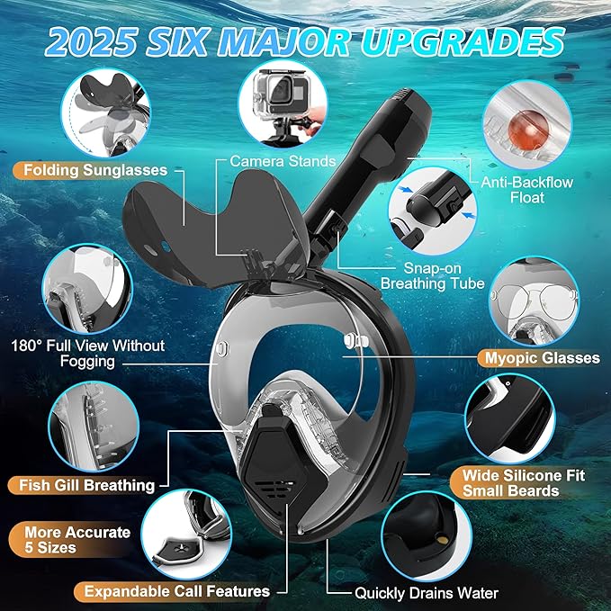 Devilfish Full Face Snorkel Mask Adults, Dry Top System Snorkeling Set with Foldable Sunglasses, 180 Degree Panoramic View Snorkel Gear, Scuba Diving Masks Anti-Leak & Anti-Fog