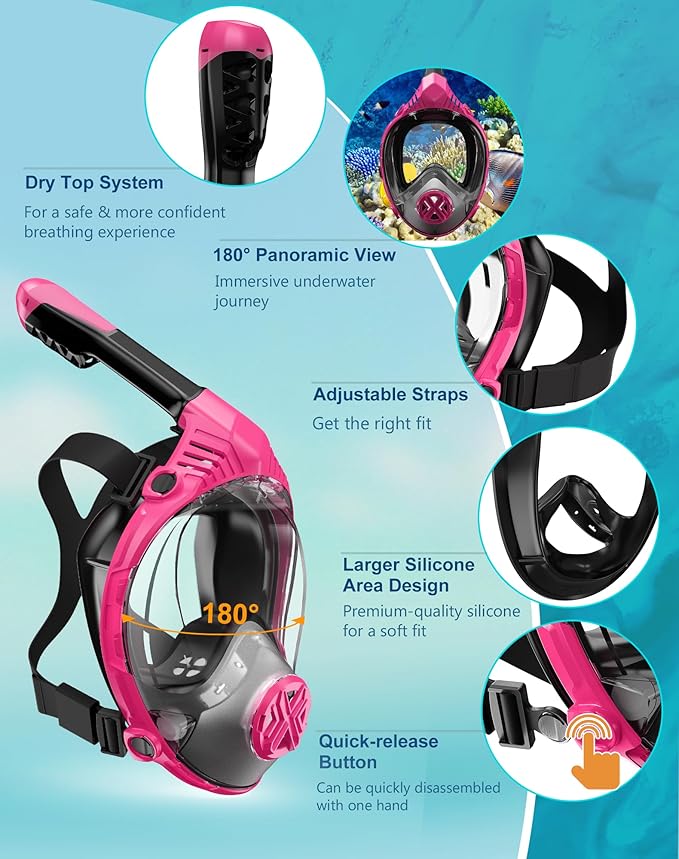 Full Face Snorkel Mask- Snorkeling Gear for Adults with Safe Dry Top Breathing System, Latest Foldable Panoramic View Snorkeling Mask for Men and Women, Anti Fog Anti Leak