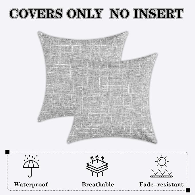 Kevin Textile Pack of 2 Decorative Outdoor Waterproof Pillow Covers Garden Checkered Cushion Sham Throw Pillowcase Shell for Patio Tent Couch 20x20 Inch Grey