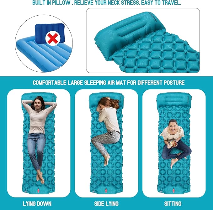Camping Sleeping Pad, Ultralight Inflatable Mattress with Pillow Built-in Foot Pump for Outdoor Hiking Travel Tent Backpacking Trip Car, Compact Lightweight Camping Mat, Peacock Blue