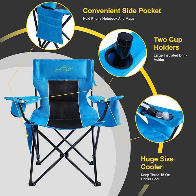FAIR WIND Oversized Padded Camping Chair with Footrest Stool Set Heavy Duty Support 300 LBS Cooler Bag Chair - Black