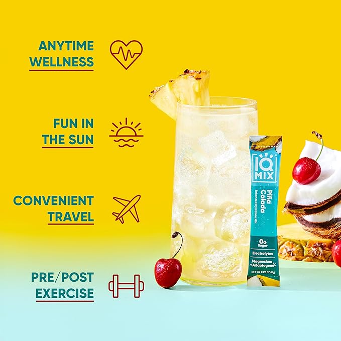 IQMIX Hydration Electrolyte Powder – 4-in-1 Formula for Hydration, Mental Clarity, Mood and Recovery – Sugar-Free Drink Mix, Keto, Magnesium L-Threonate, Lion’s Mane – 40 Count Piña Colada