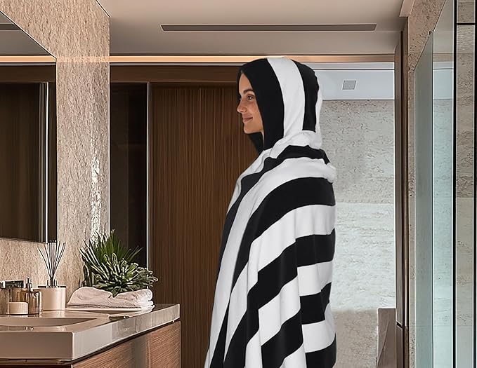 COTTON CRAFT Hooded Beach Towel – Oversized 39 x 68 Towel with Hood for Adults - 100% Ringspun Cotton Velour Terry Towel - 450 GSM Super Soft Plush Absorbent Quick Dry Bath Wrap – Cabana Stripe Black