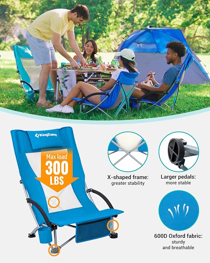 KingCamp Low Beach Chairs, Portable Folding Chair for Adults Extra Wide Ergonomic High Back Seat 300lbs Heavy Duty Lightweight Oversized Gear with Carry Bag for Outdoor Lawn Camping Picnic