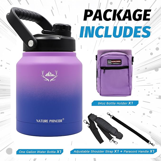 NATURE PIONEOR Insulated Water Bottles with Strap Pouch - 84 oz Stainless Steel Vacuum Bottle with Holder/Carrier/Sleeve - 18/8 Food Grade 84oz Water Jug