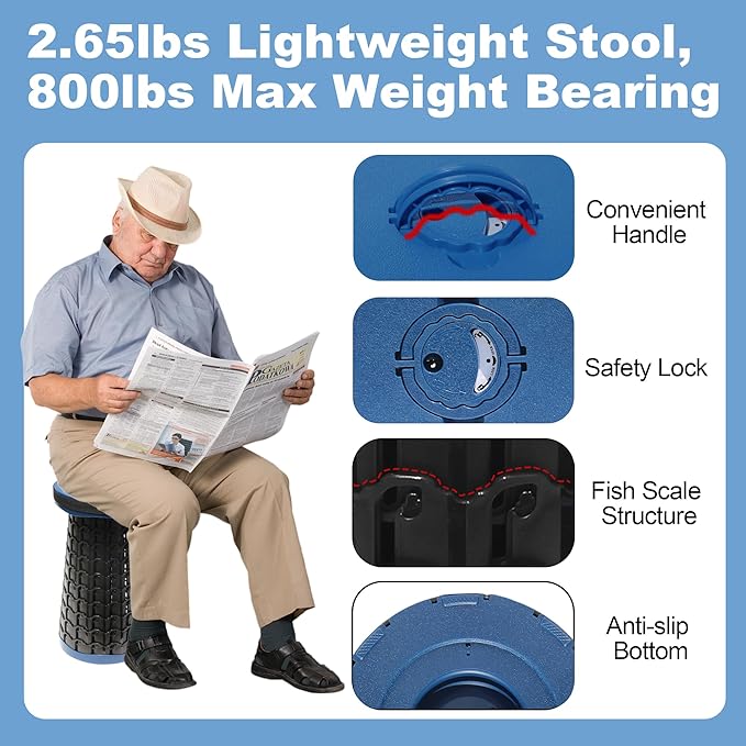 ALEVMOOM 18" Collapsible Stool, 800lbs Max Weight, Heavy Duty Portable Retractable Folding Telescoping Foldable Camping Stool for Adults Outdoor Fishing Travel BBQ (Navy)