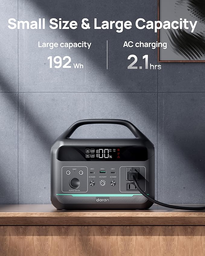 Portable Power Station, 192Wh LiFePO4 Battery Backup w/ 2 300W (Surge 600W) AC Outlets, PD60W Fast Charging Outlet, Solar Generator for Outdoors Camping Travelling and Emergencies