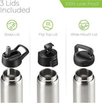 SipX™ Triple-Insulated Stainless Steel Water Bottle 25oz. With 3 Lids, BPA-Free Reusable Insulated Water Bottle Keeps Cold 24 Hours, Metal Water Bottle Made Of Sustainable Material For Hiking & Biking