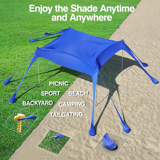 Rhino Valley Beach Tent Shade Canopy UPF50+ Protection, 8 Sandbags, 4 Stability Poles, Outdoor Sun Shelter Umbrella for Sand, Camping, Fishing Essentials