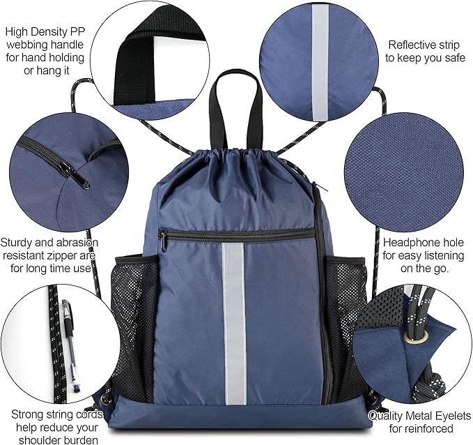 BeeGreen Gym-Drawstring-Backpack-Bag With Shoe Compartment and Two Water Bottle Holder Large String Backpack Sports Bag Athletic Sackpack For Men Women