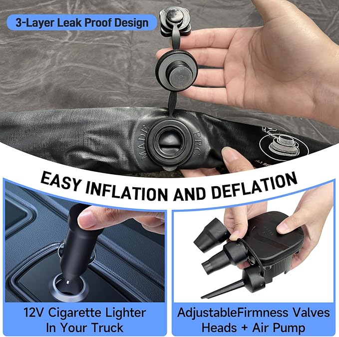 Truck Bed Mattress 5.5-5.8ft: Inflatable Air Mattress for Camping Short Truck Bed 2 Person, Air Pump 2 Pillows, Carry Bag, Khaki