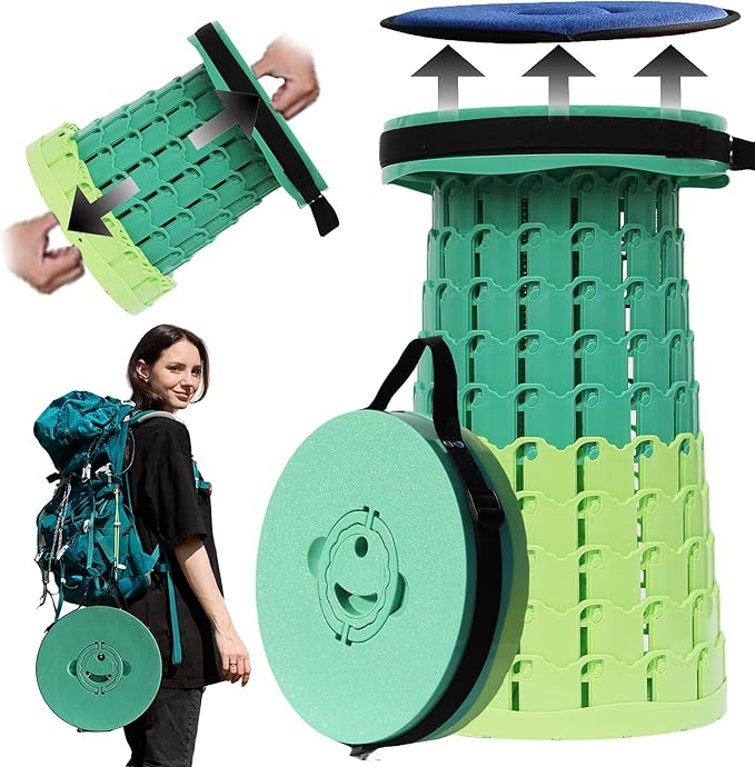 Upgraded XXL Collapsible Stool with Cushion,19.7"H-11.8"D Telescoping Folding Stool for Adults,More Sturdy Portable Camping Stools with Load Capacity 1000lbs for Outdoor,Garden,Fishing,Hiking