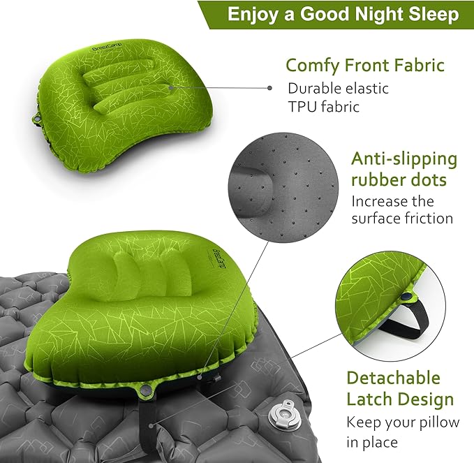 Inflatable Camping Pillow, Travel Blow Up Air Pillow, Neck Lumbar Support Ultralight Compact Pillow for Outdoor Hiking Backpacking Car Beach Airplane Sleeping Essentials, Green