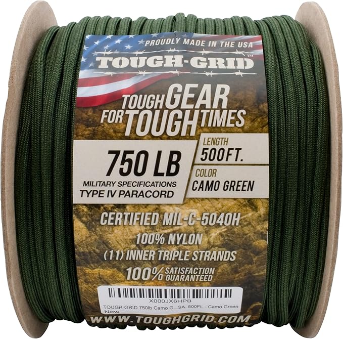 TOUGH-GRID Paracord Rope 750 lbs Nylon Parachute Cord, Made in USA Survival Kit, Outdoor Adventures, Camping, Tactical Gear & Emergency Supplies, Military Type IV Mil-Spec