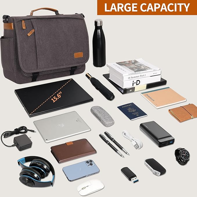ESTARER Computer Messenger Bag 15-15.6 inch, Laptop Work Bag Briefcase for Bussiness/College/Travel, Water-resistant Canvas Shoulder Satchel, Grey