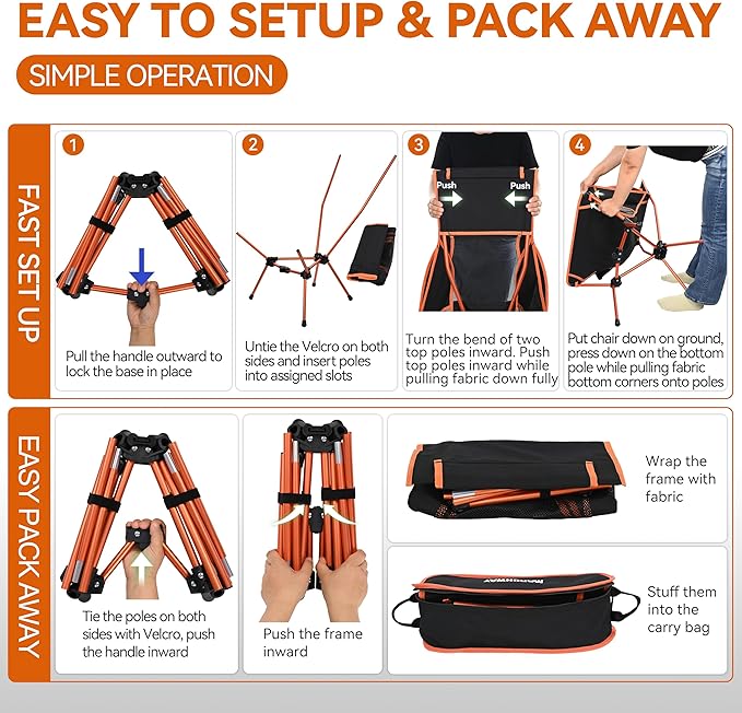 MARCHWAY Lightweight Folding High Back Camping Chair with Head Support, Stable Portable Compact for Outdoor Camp, Travel, Beach, Picnic, Festival, Hiking, Backpacking (Highback Orange)