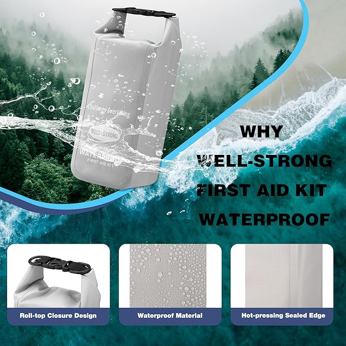 Waterproof First Aid Kit Roll Top Boat Emergency Kit with Waterproof Contents for Fishing Kayaking Boating Swimming Camping Rafting Beach Light Grey