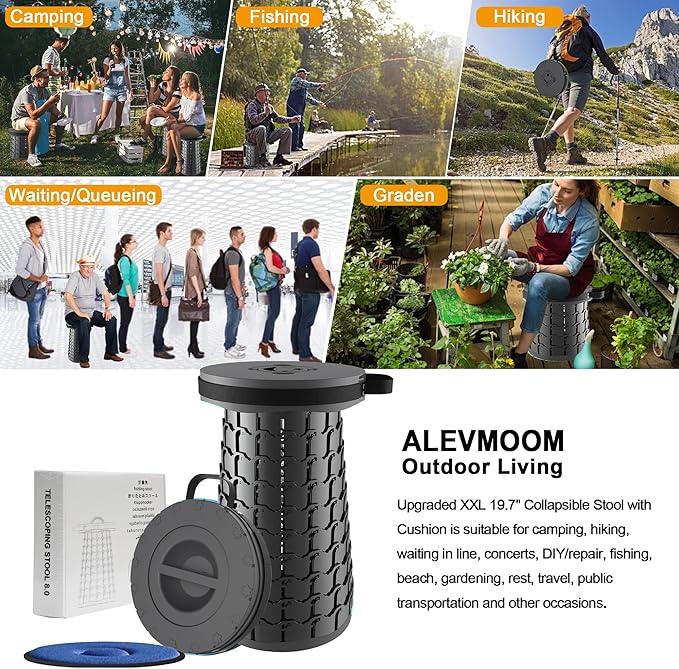 ALEVMOOM Upgraded XXL 19.7" Collapsible Stool, Heavy Duty Portable Folding Stool Max Load 1000 lbs, Retractable Telescoping Foldable Seat for Camping Fishing Hiking Travel BBQ