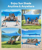 Beach Tent Sun Shelter, 10 x 10 FT Beach Canopy Tent Sun Shade, UPF50+ Tents Canopy with 8 Sandbags & 4 Stability Poles, Outdoor Tents for Camping Fishing, Sky Blue