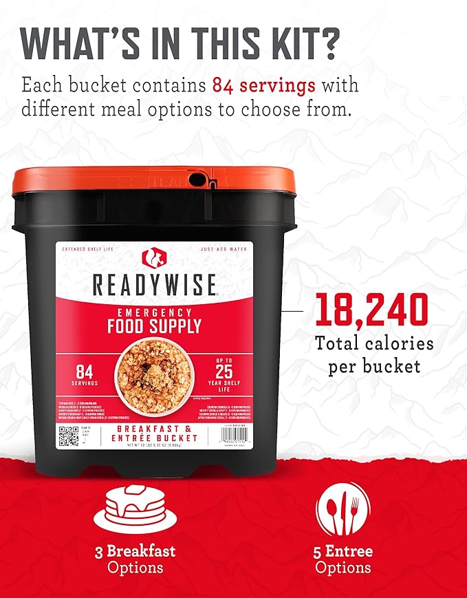 ReadyWise Emergency Food Supply - 84 Servings Breakfast & Entrée Bucket, Protein Meals, Dehydrated & Freeze Dried Food for Backpacking, Camping Essentials & Prepping Supplies, up to 25 Year Shelf Life