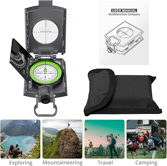Compass Hiking Survival, IP65 Waterproof Metal Compass with Sighting Clinometer and Carry Bag, Multifunctional, Professional, for Camping Hunting Hiking Navigation