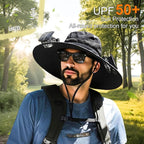 Outdoor Wide Brim Sun Hat with 2 Solar Fan for Men Women UPF50+ Outdoor Hiking Sun Protection Bucket Fishing&Cycling Hat