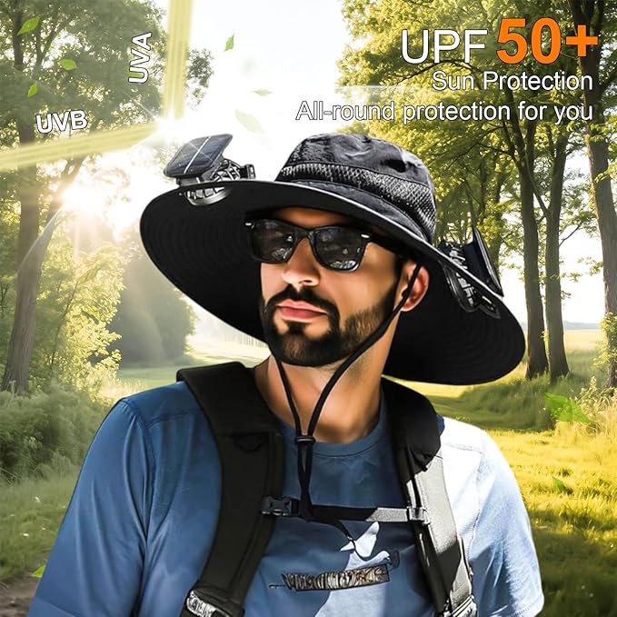 Outdoor Wide Brim Sun Hat with 2 Solar Fan for Men Women UPF50+ Outdoor Hiking Sun Protection Bucket Fishing&Cycling Hat