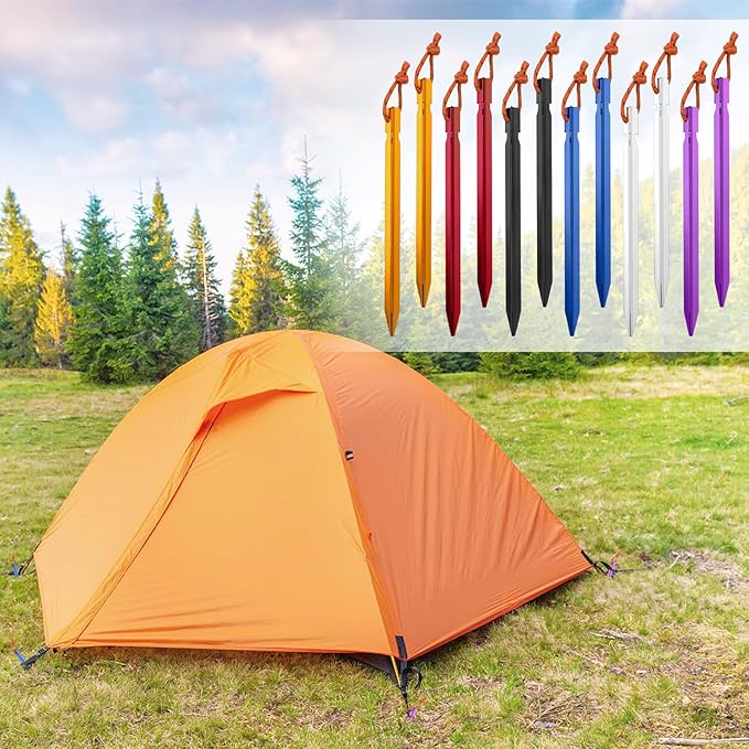 12 Pack Tent Stakes, 7075 Ground Metal Camping Aluminum Tent Pegs, Lightweight Tent Stakes Heavy Duty Spikes Camping Accessories