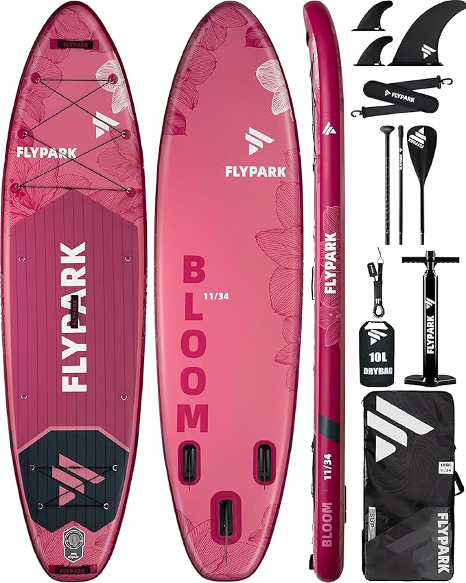 Flypark 11'x34 Inflatable Paddle Boards, Extra Wide SUP for 420lbs/3Adults, Yoga Stand Up Paddle Board, 110L Backpack, 15 D-Rings, Shoulder Strap, US-Fin, 2-Action Pump