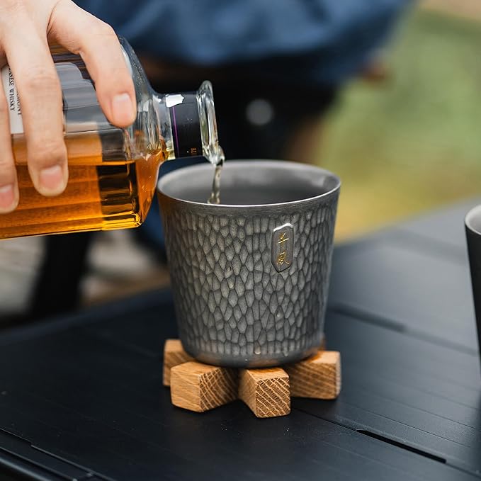 Double Wall Titanium Mug, Thickened 300ml Camping Cup, Anti-scald Camping Coffee Water Mug for Outdoor Hiking Backpacking,10 oz, Bark Grain