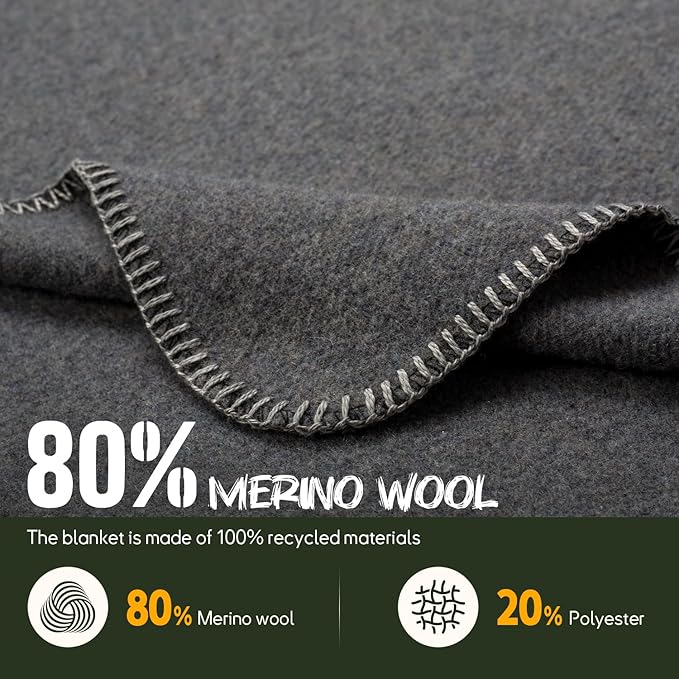 Merino Wool Blend Camping Blanket Ultra Warm, Moisture Wicking, Portable Outdoor Blanket for Camping, RV Trips, Adventures, Picnic, Bushcraft Survival Kits, Large 86"x62"