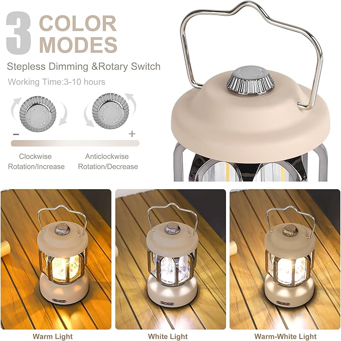 Rechargeable LED Camping Lanterns, 2000mAh Vintage Camping Lights Battery Operated Rechargeable , Hanging Retro Metal Hiking Tent Lamp for Emergency, Hurricane,Decoration,Home,White,1 Pack