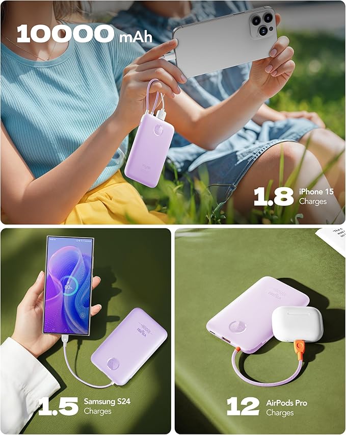 Slim Portable Charger 10000mAh, Travel Power Bank with Built-in USB-C Cable & LED Display, 22.5W Fast Charging Battery Pack Compatible with iPhone 16 15 Samsung S24 S23 -Purple