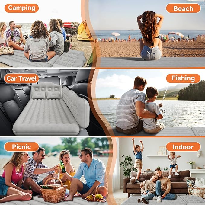 Car Air Mattress Bed: Inflatable Back Seat Air Mattress for Car, Thickened Camping Sleeping Pads with 2 Pillows & Air Pumps, Fits Sedan/Truck/SUV, Grey
