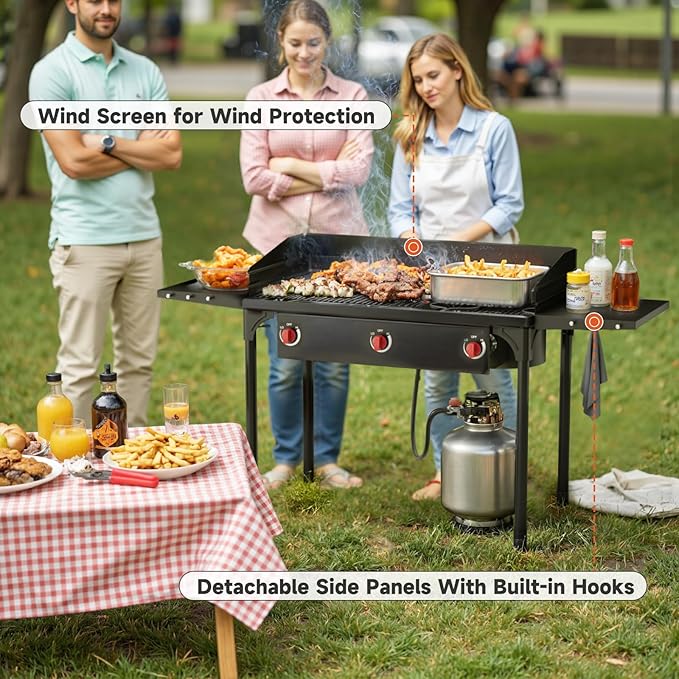 3 Burner Propane Burner, 225,000 BTU High Pressure Propane Stove with Windscreen ＆ Side Shelves, Outdoor Propane Gas Stove with 0-20 PSI Regulator for Camping, Backyard, Outdoor Cooking