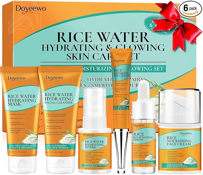 DOYEEWO Skin Care Set,6Pcs Women Teen Glass Skincare w/Korean Rice Extract,Hydrate Glow Repair Anti-Aging Facial Routine Kit Self Care Gifts for Women Mom Wife Teenage Girl Valentines Christmas Gifts