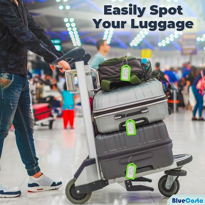 BlueCosto - Luggage Tags - Green, 50 Pack - Suitcase Tags with Name ID Card & Heavy-Duty Metal Wire Loops - Bright Colored PVC Identifiers for Travel Baggage - Backpack Name Labels