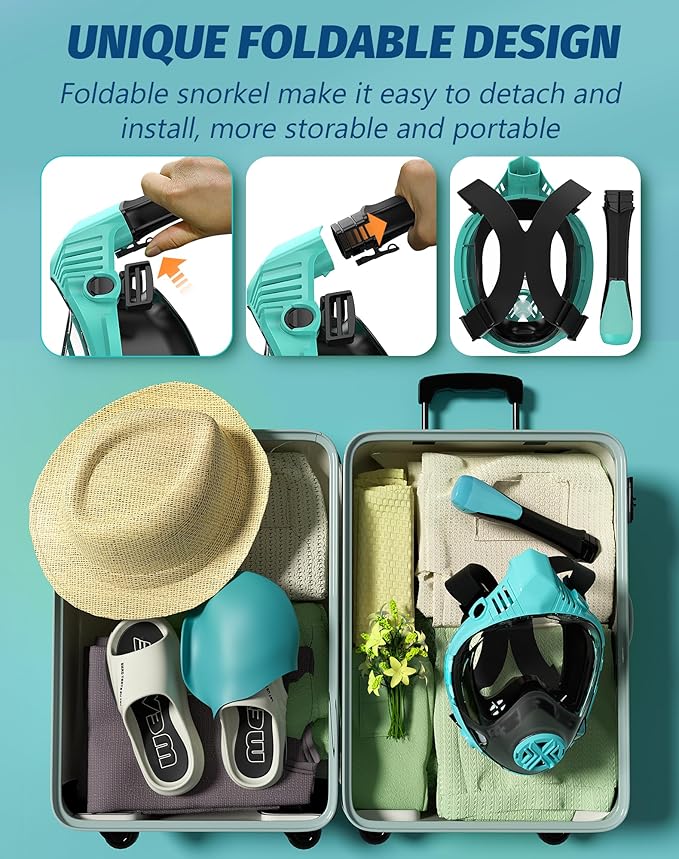 Full Face Snorkel Mask- Snorkeling Gear for Adults with Safe Dry Top Breathing System, Latest Foldable Panoramic View Snorkeling Mask for Men and Women, Anti Fog Anti Leak