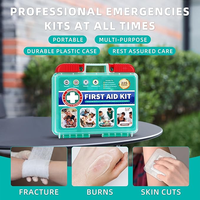 225 Pieces Portable Emergency First Aid Kit for Minor Wound Care, Includes Adhesive Bandages, Wound Gauze Pads, Ideal for Home, Car & On-The-Go