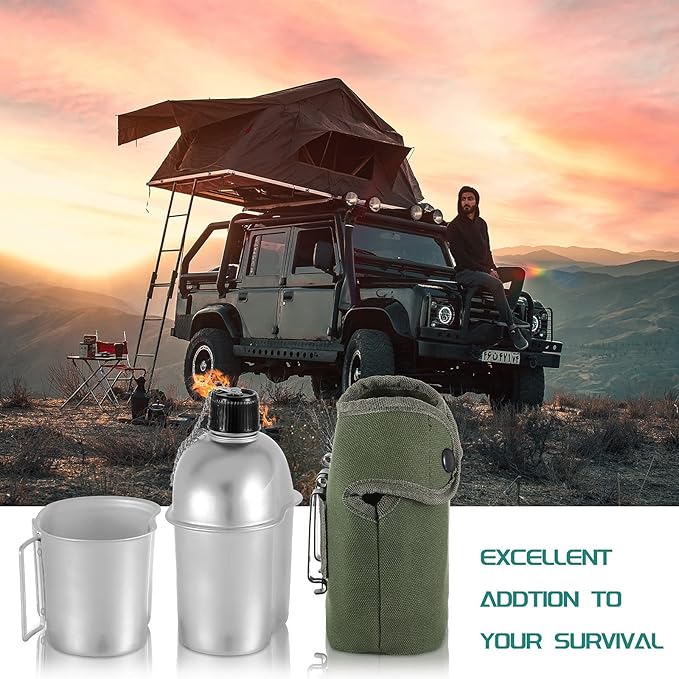 Military Canteen Cookware Set Include 1 QT Military Army Aluminum Alloy Canteen 0.5 QT Multi-Functional Water Bottle with Grab Handled Cup Green Canvas Cover Bag for Outdoor Camping Hiking