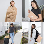 BlueHills Travel Blanket Pillow in Mini Soft Case Premium Plush Airplane Blanket Compact Luggage Belt and Backpack Clip Warm Plane Pillows Traveling Gifts Packable - Beige M06
