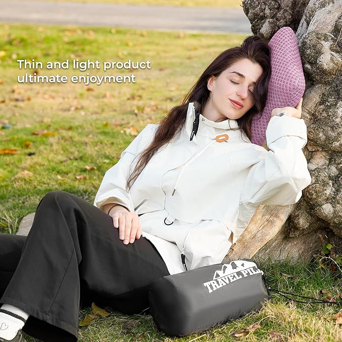 Travel Pillow Memory Foam Pillows, Camping Pillow-Compressible Medium Firm, Breathable Cover, Ideal Backpacking Hiking, Bed Pillows, Airplane and Car (Apricot Pink, M)