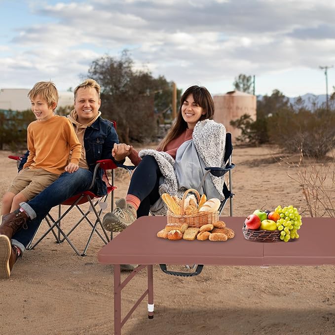 4 FT Folding Table with Carry Handle, Portable Fold-in-Half Plastic Table, Rectangle Foldable Table for Indoor/Outdoor Brown