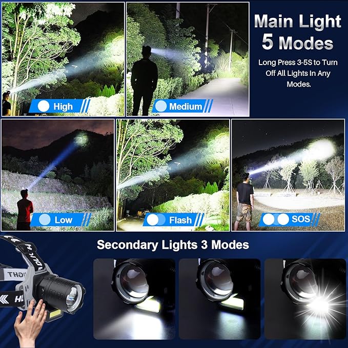 Bud K Rechargeable LED Headlamp, 1200 Lumens Super Bright Headlamp Flashlight with Motion Sensor, 8 Modes, 135°Adjustable, IPX7 Waterproof Head Lamp for Camping, Running, Climbing, Hiking