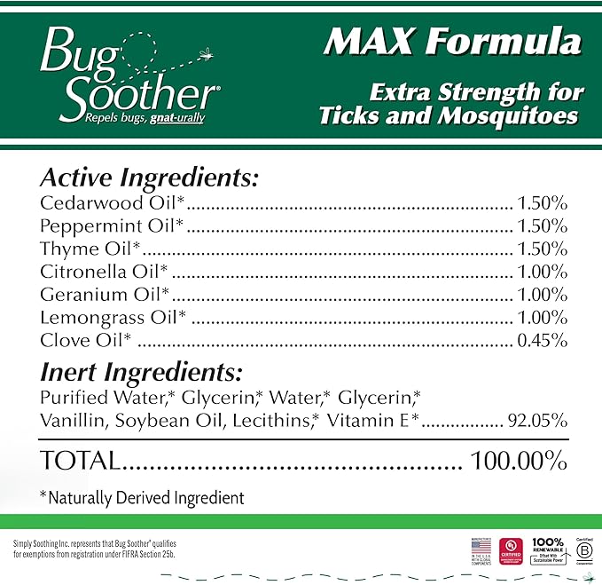 Bug Soother MAX - Extra Strength Natural Gnat, Tick, and Mosquito Repellent, 2 Pack 8 fl oz w/Free 1 oz. DEET-Free Bug Spray Deterrent - Safe for Adults & Environment - Made in USA