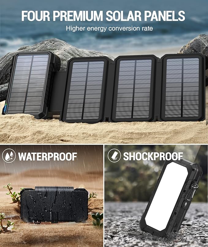 BLAVOR Solar Charger Power Bank, PD 18W Fast Charging 20000mAh Battery Pack with 4 Foldable Panels, Portable Solar Powered USB C Charger with Camping Flashlight Compass Carabiner for Cell Phone