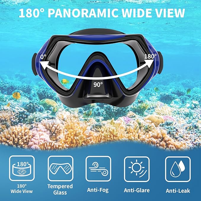 Snorkeling Gear for Adults, JRing Snorkel Mask Set with 180 Degree Tempered Glass Anti Fog Goggles Scuba Dry Top Snorkel for Swimming, Scuba Diving Mask for Men Women