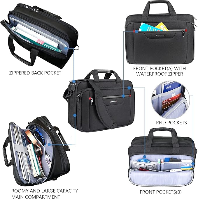 VANKEAN Laptop Briefcase Premium Laptop Case Fits Up to 17.3 Inch Business Shoulder Bag Laptop Expandable Water-Repellent Messenger Bag for Men/ Women Computer Bag for Travel/ Business/ Black