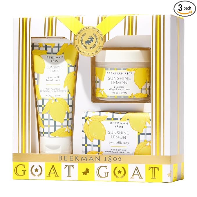 Beekman 1802 Sunshine Lemon 3-Piece Body Care Set – Goat Milk Skincare Gift Set with Bar Soap, Whipped Body Cream & Hydrating Hand Cream – Travel Size Body Care Kit