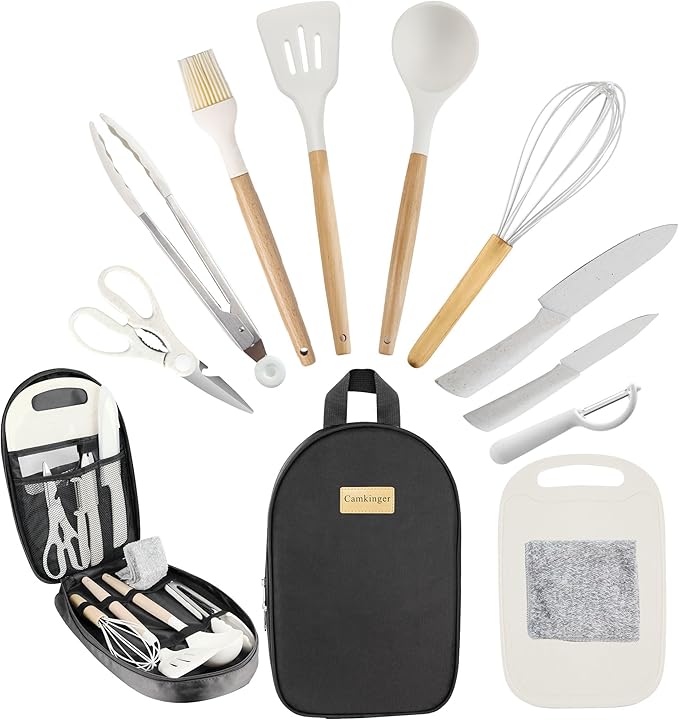 Camping Accessories Kitchen Cooking Utensils Set - Portable Outdoor Camp Cookware Set, Silicone Camper Essentials Gear Must Have Supplies for Travel RV BBQ Grill Picnic Hiking